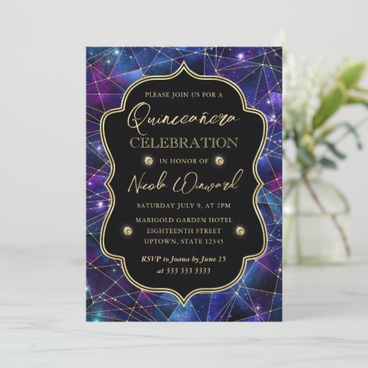 Paars en blauw Midnight Crystal Galaxy Quinceanera Kaart (Staand voorkant)