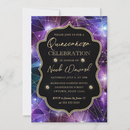 Paars en blauw Midnight Crystal Galaxy Quinceanera Kaart (Voorkant)