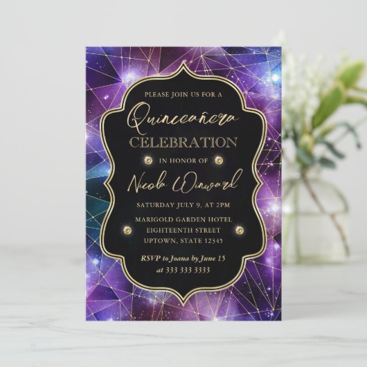 Paars en blauw Midnight Crystal Galaxy Quinceanera Kaart (Staand voorkant)