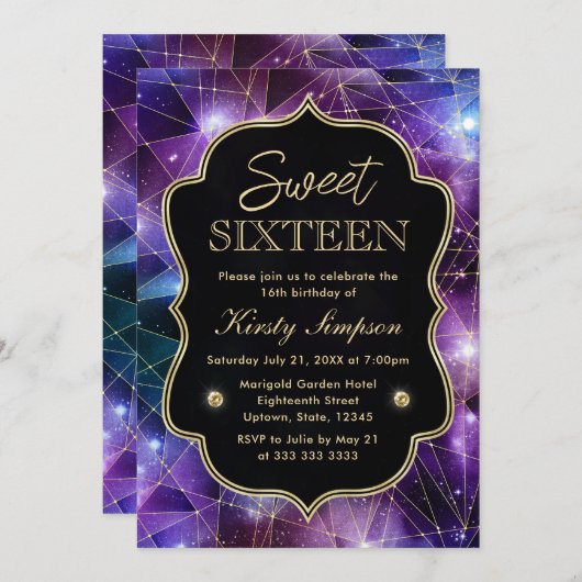 Paars en blauw Midnight Crystal Galaxy Sweet 16 Kaart (Voorkant / Achterkant)
