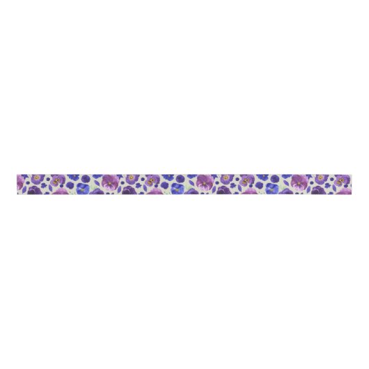 Paars en blauw Pansy Print Ribbon Grosgrain Lint (Voorkant)