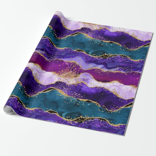 Paars en blauw Peacock Faux Glitter Agate Cadeaupapier (Uitgerold)