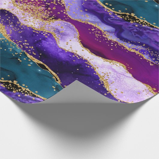 Paars en blauw Peacock Faux Glitter Agate Cadeaupapier (Hoek)