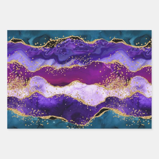 Paars en blauw Peacock Faux Glitter Agate Inpakpapier Vel (Voorkant 3)
