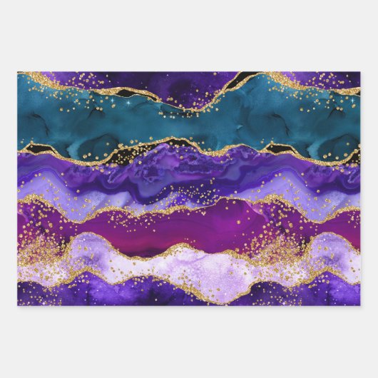 Paars en blauw Peacock Faux Glitter Agate Inpakpapier Vel (Voorkant)