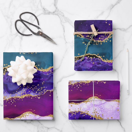 Paars en blauw Peacock Faux Glitter Agate Inpakpapier Vel (Voorkant)