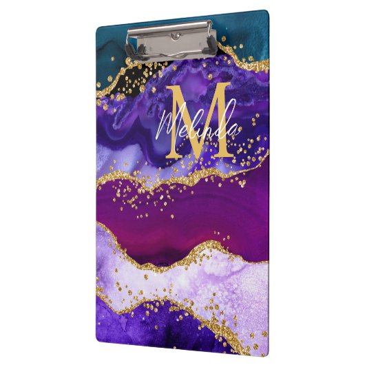 Paars en blauw Peacock Faux Glitter Agate Klembord (Links)