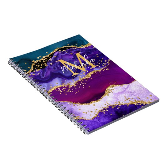 Paars en blauw Peacock Faux Glitter Agate Notitieboek (Rechterzijde)