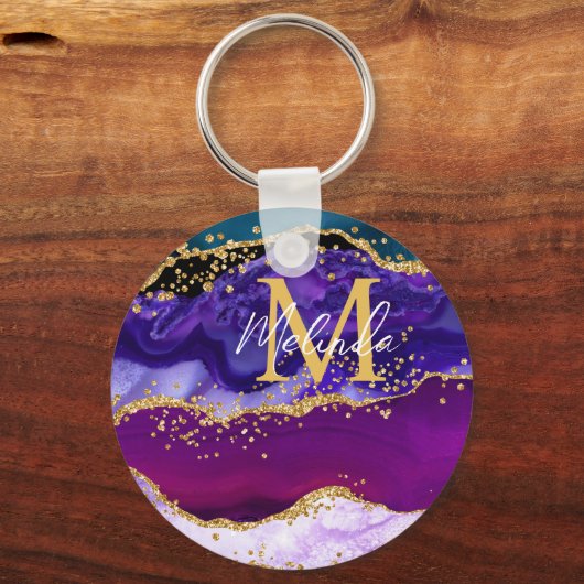 Paars en blauw Peacock Faux Glitter Agate Sleutelhanger (Achterkant)