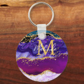 Paars en blauw Peacock Faux Glitter Agate Sleutelhanger (Voorkant)