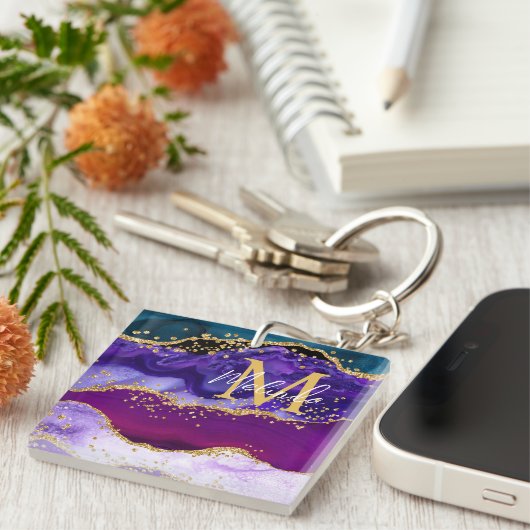 Paars en blauw Peacock Faux Glitter Agate Sleutelhanger (Voorkant Rechts)