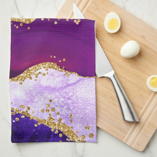 Paars en blauw Peacock Faux Glitter Agate Theedoek (Quarter Fold)