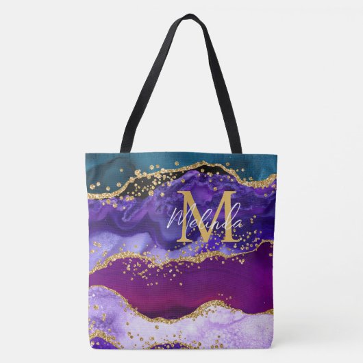 Paars en blauw Peacock Faux Glitter Agate Tote Bag (Voorkant)