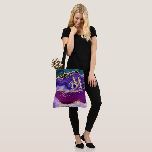 Paars en blauw Peacock Faux Glitter Agate Tote Bag (Op model)