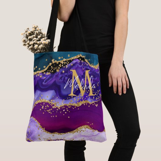 Paars en blauw Peacock Faux Glitter Agate Tote Bag (Dichtbij)
