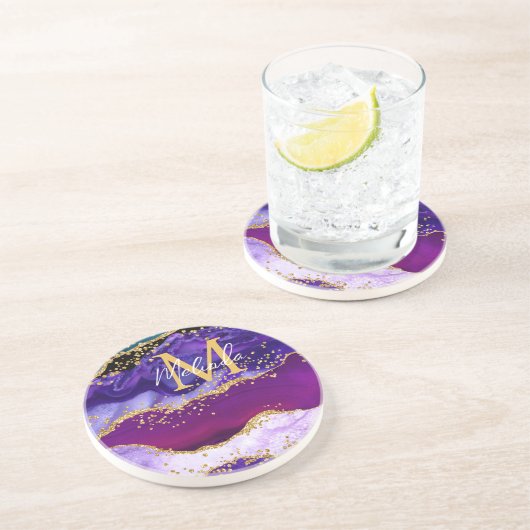 Paars en blauw Peacock Faux Glitter Agate Zandsteen Onderzetter (Zijkant)