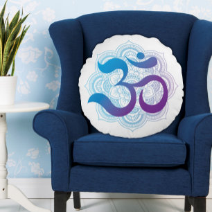 Paars en blauw symbool Mandala Flower White Rond Kussen