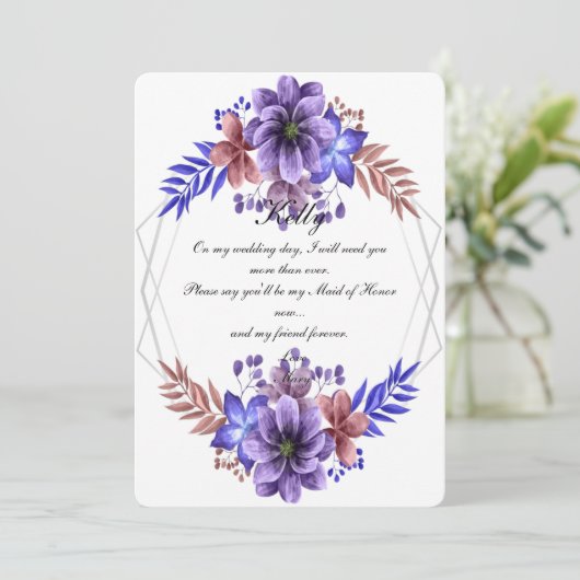 Paars en Blauw Waterverf Bloemendame Van Eer Kaart (Staand voorkant)