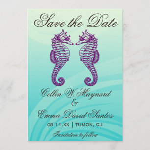 Paars en blauw zeepaardje sparen de datum save the date