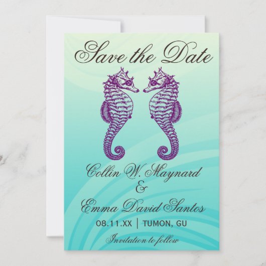 Paars en blauw zeepaardje sparen de datum save the date (Voorkant)