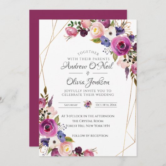 Paars en blauwe Rozen voor de uitnodiging voor bru (Voorkant / Achterkant)