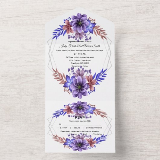 Paars en blauwe Waterverf All In One Uitnodiging (Binnen)