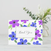 Paars en blauwe Waterverf Floral Motif Bedankkaart (Staand voorkant)