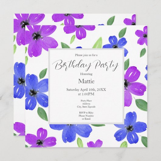 Paars en blauwe Waterverf Floral Motif Kaart (Voorkant / Achterkant)