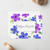Paars en blauwe Waterverf Floral Motif Notitiekaartje (Voorkant / Achterkant in situ)