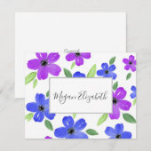 Paars en blauwe Waterverf Floral Motif Notitiekaartje (Voorkant / Achterkant)