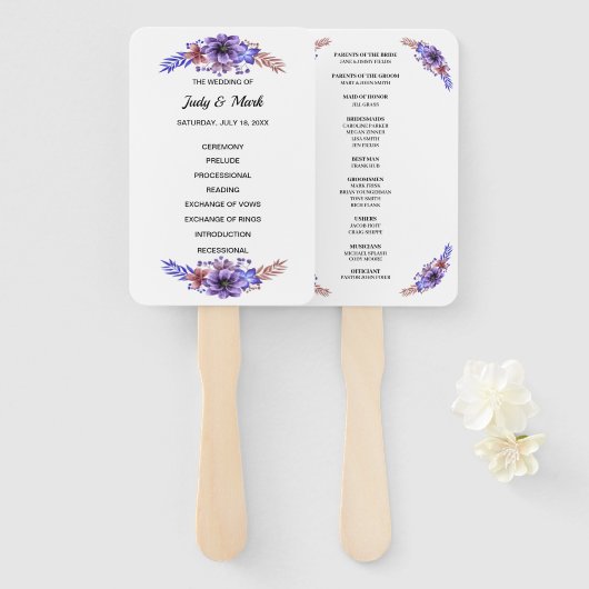 Paars en blauwe Waterverf Floral Wedding Programme Handwaaier (Voorkant en achterkant)