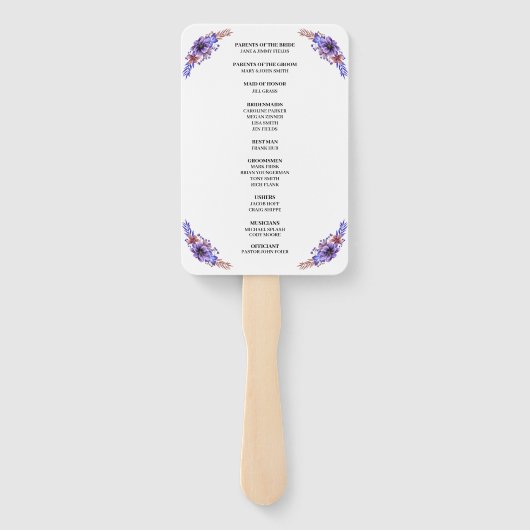 Paars en blauwe Waterverf Floral Wedding Programme Handwaaier (Achterkant)