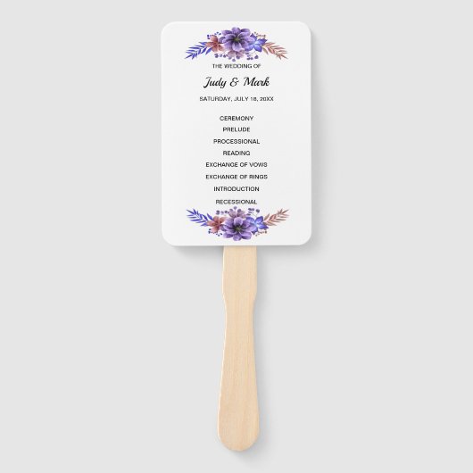 Paars en blauwe Waterverf Floral Wedding Programme Handwaaier (Voorkant)