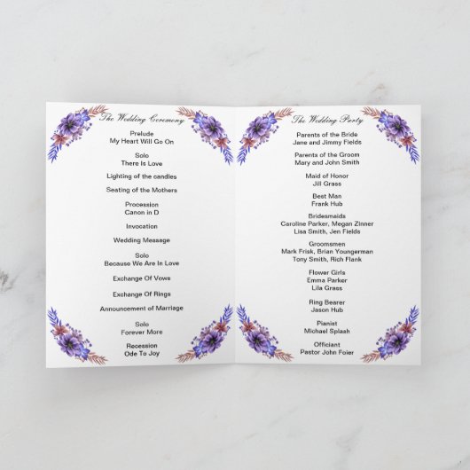Paars en blauwe Waterverf Floral Wedding Programme Kaart (Binnen)