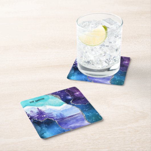 Paars en Blauwgroen Snowy Lake en Forest Kartonnen Onderzetters (Insitu)