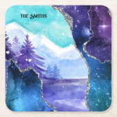 Paars en Blauwgroen Snowy Lake en Forest Kartonnen Onderzetters (Voorkant)