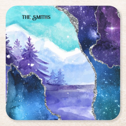Paars en Blauwgroen Snowy Lake en Forest Kartonnen Onderzetters (Voorkant)
