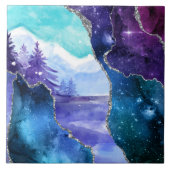 Paars en Blauwgroen Snowy Lake en Forest Tegeltje (Voorkant)