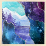 Paars en Blauwgroen Snowy Lake en Forest Tegeltje<br><div class="desc">Zitten we over een sneeuwcabine in een bergbos? Dit paarse en blauwgroen semi-abstracte ontwerp is voorzien van een sneeuwscène in de bergen met een meer en bomen, omgeven door een paars en blauwgroen faux glitter lijst. Het is alsof je een glimp krijgt van een glitterig gordijn of door een droom....</div>