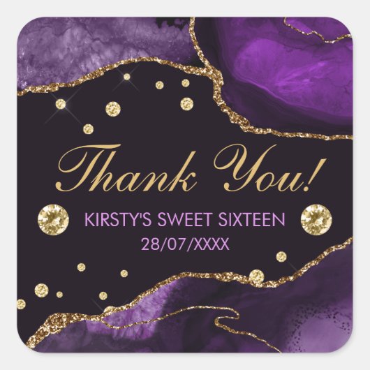 Paars en Faux Gold Glitter Agate Sweet 16 Vierkante Sticker (Voorkant)