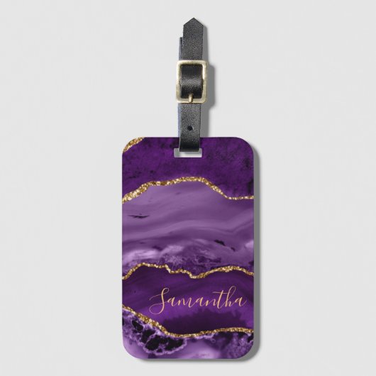 Paars en Faux Gold Glitter Marble Agate Bagagelabel (Voorkant (verticaal))