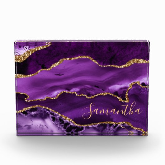 Paars en Faux Gold Glitter Marble Agate Fotoblokken (Voorkant)