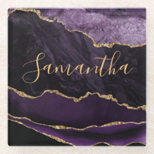Paars en Faux Gold Glitter Marble Agate Glazen Onderzetter