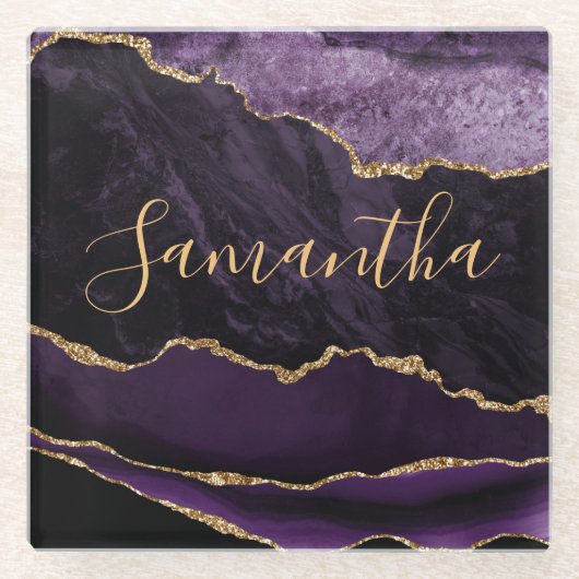 Paars en Faux Gold Glitter Marble Agate Glazen Onderzetter (Voorkant)