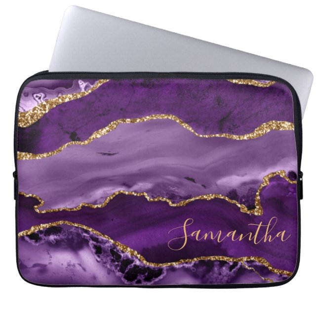 Paars en Faux Gold Glitter Marble Agate Laptop Sleeve (Voorkant)