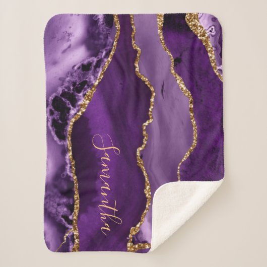 Paars en Faux Gold Glitter Marble Agate Sherpa Deken (Voorkant)