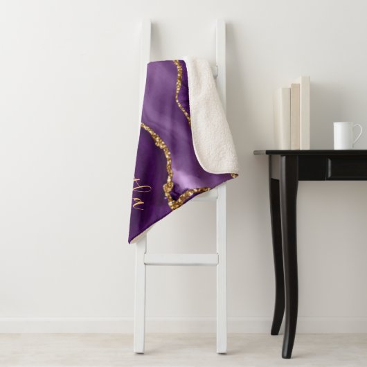 Paars en Faux Gold Glitter Marble Agate Sherpa Deken (In situ)