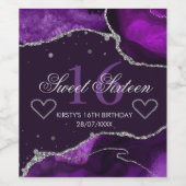 Paars en Faux Silver Glitter Agate Sweet 16 Wijn Etiket (Enkel label)