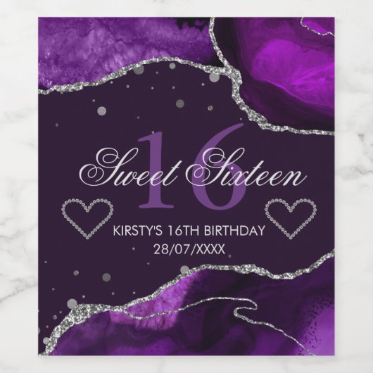 Paars en Faux Silver Glitter Agate Sweet 16 Wijn Etiket (Enkel label)