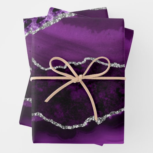 Paars en Faux Silver Glitter Marble Agate Inpakpapier Vel (In situ)